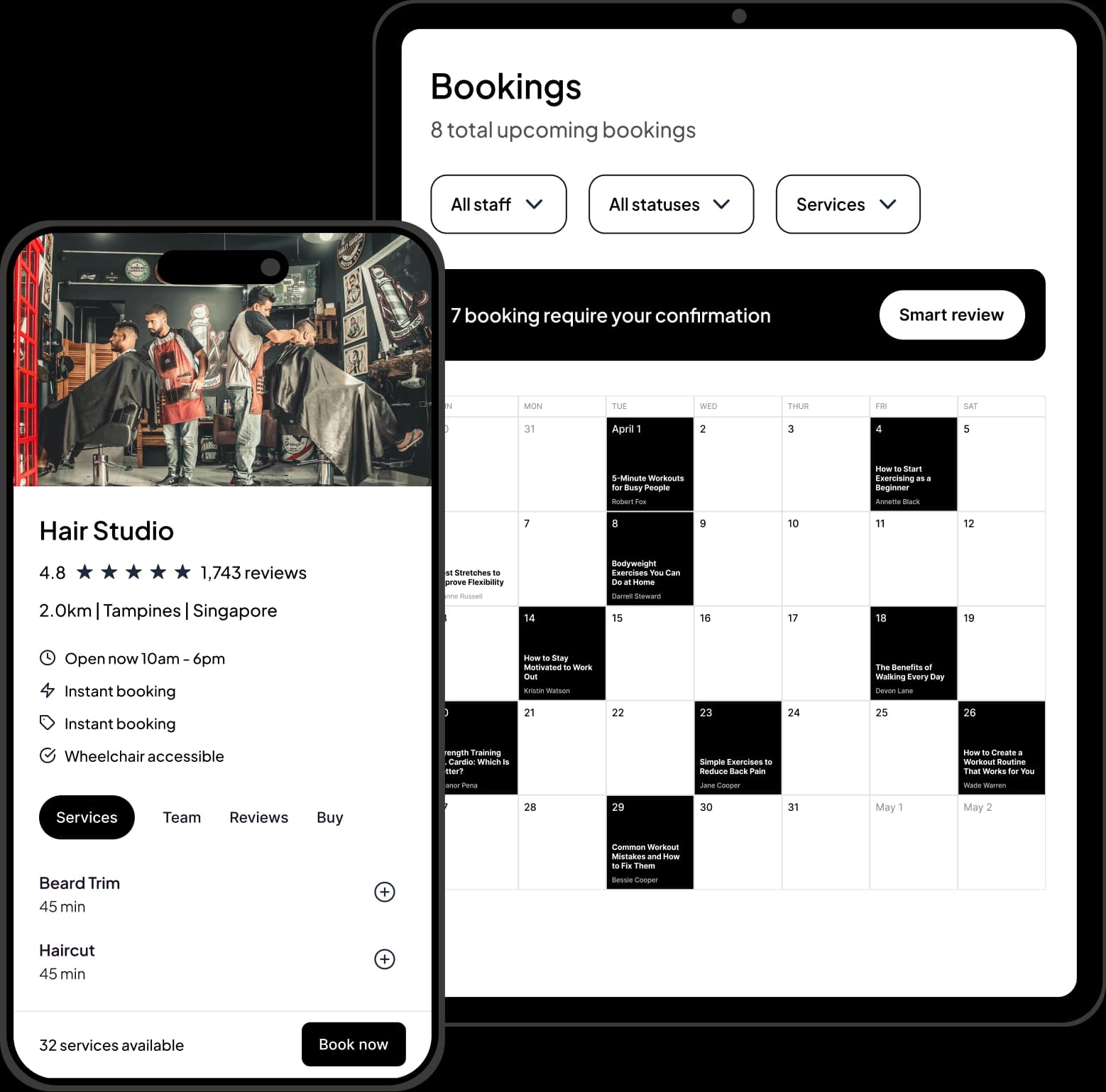 LovingBooking app showing a barbershop booking page on phone and calendar dashboard on tablet